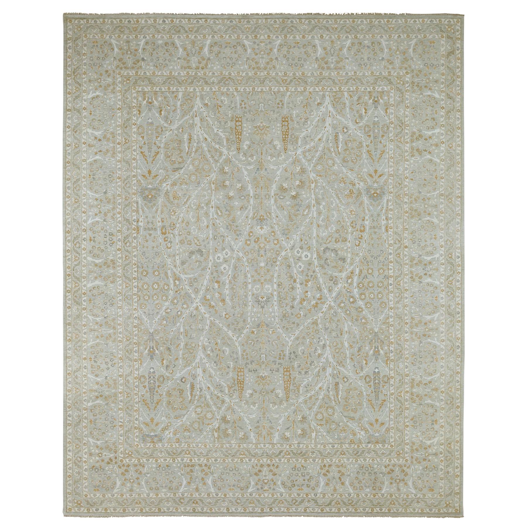 Pastel Gray, Meditation Tree of Life Design, Tone on Tone, Zero Pile, 100% Wool, Densely Woven, Hand Knotted, 200 KPSI, Oversized, Oriental Rug